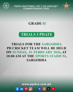 (Grade-II) Trials Update Sargodha Multan PD - Physical Disable Cricket Associate 2026